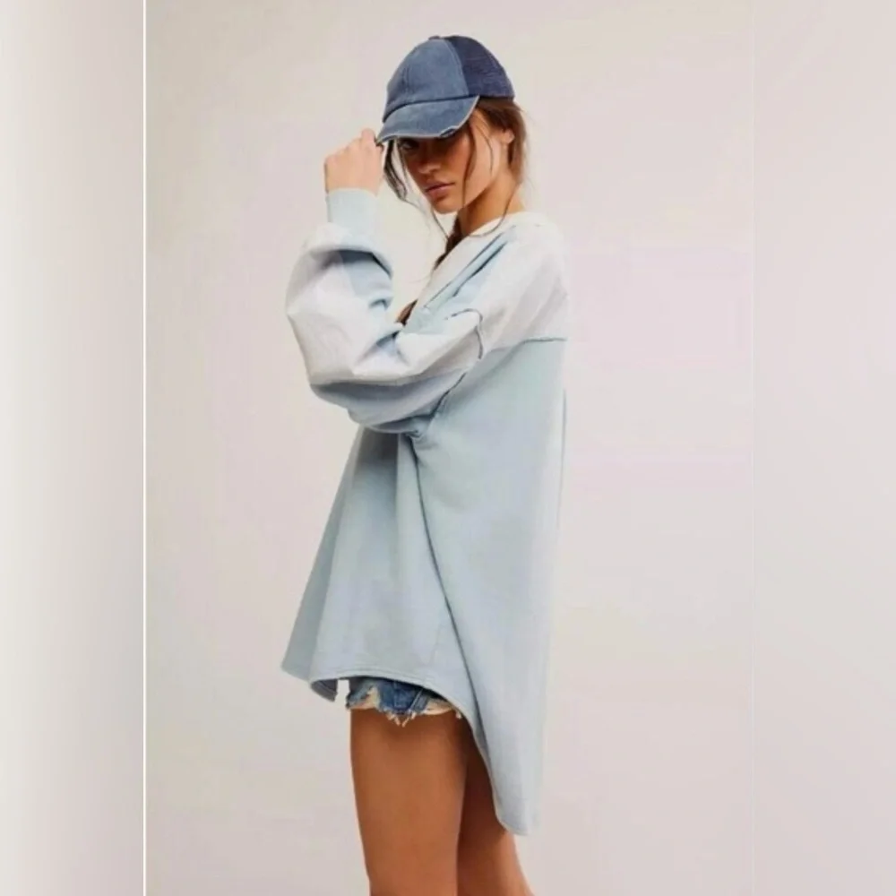 NWT Free People Madeleine Polo Sweatshirt Med Winter Sky Blue $148 Retail Cotton